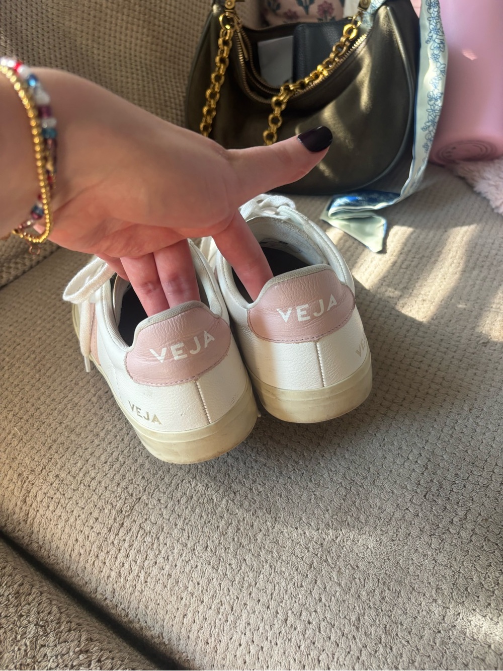 Veja Leather Lace-Up Sneakers with Pink Accent - Picture 2 of 5